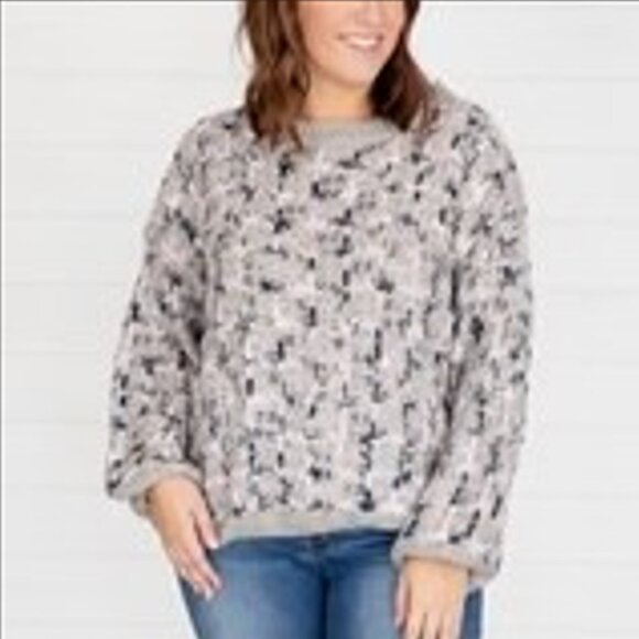 Pink Lily Gray Tweed Style  Sweater w Multicolor Detailing Size Medium - Picture 1 of 10